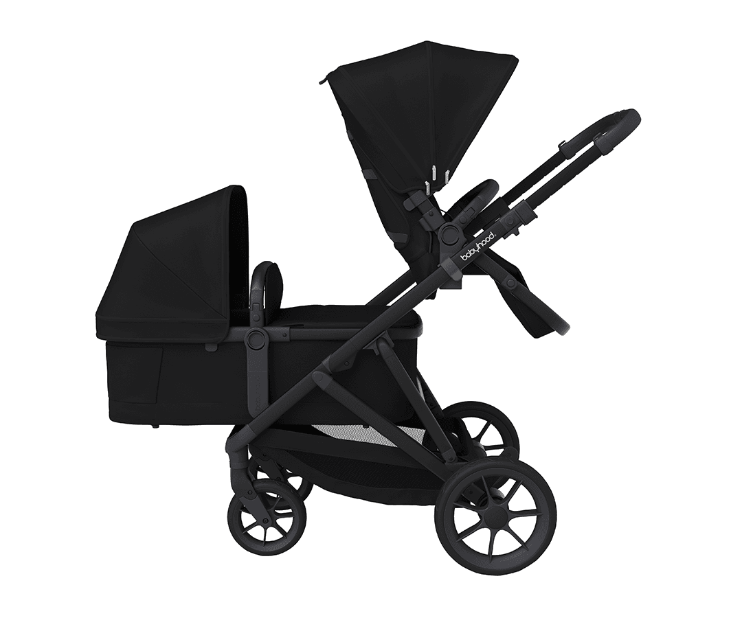 Doppio Plus Stroller Double Seat + Bassinet – Black